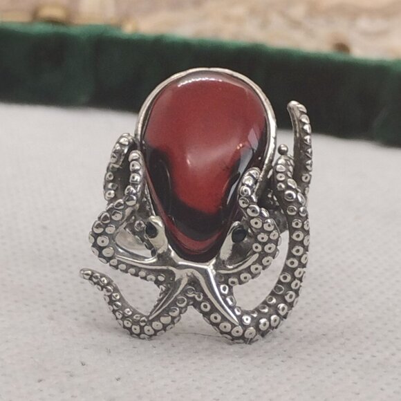 Artisan Jewelry - Sterling Silver Amber Octopus Ring Unisex Adjustable Ring Fits as a Size 9